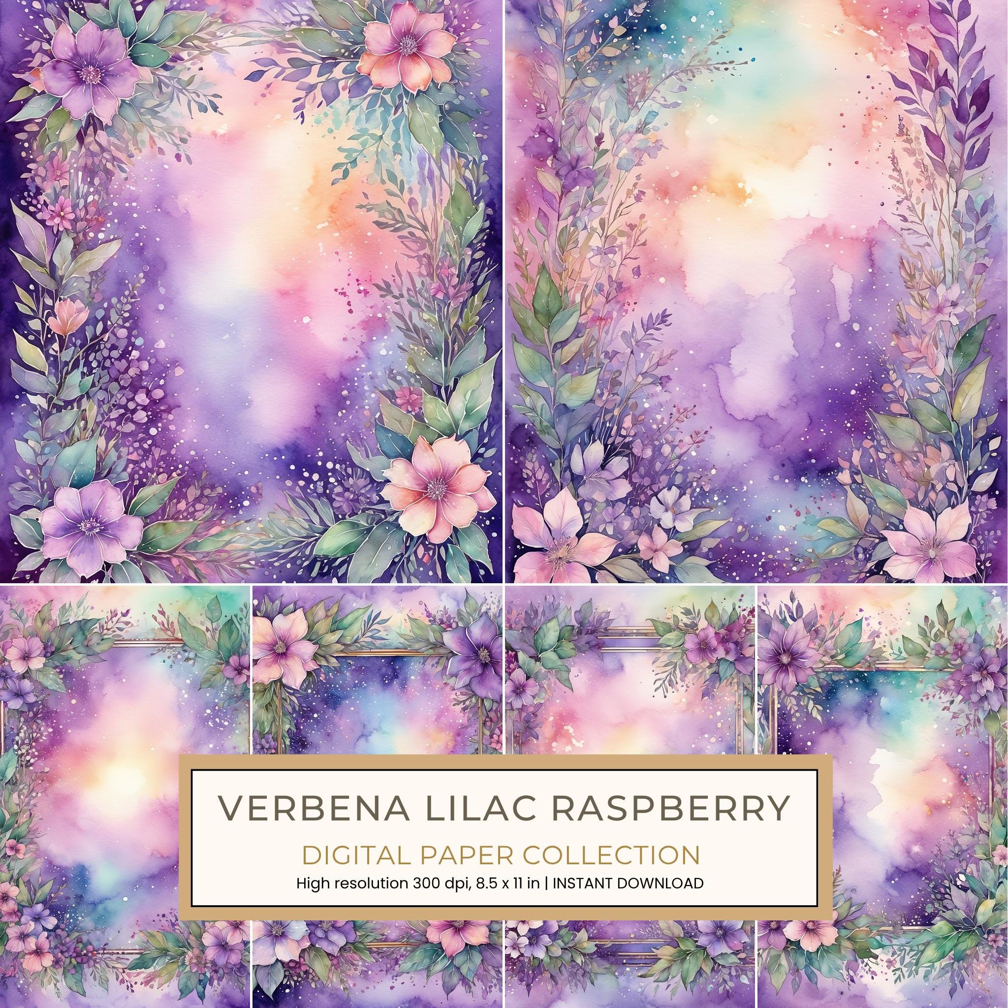 Verbena Lilac Raspberry Digital Paper: 14 Printable Pages - Watercolor Scrapbook Paper - Commercial Use