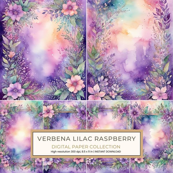 Verbena Lilac Raspberry Digital Paper: 14 Printable Pages - Watercolor Scrapbook Paper - Commercial Use