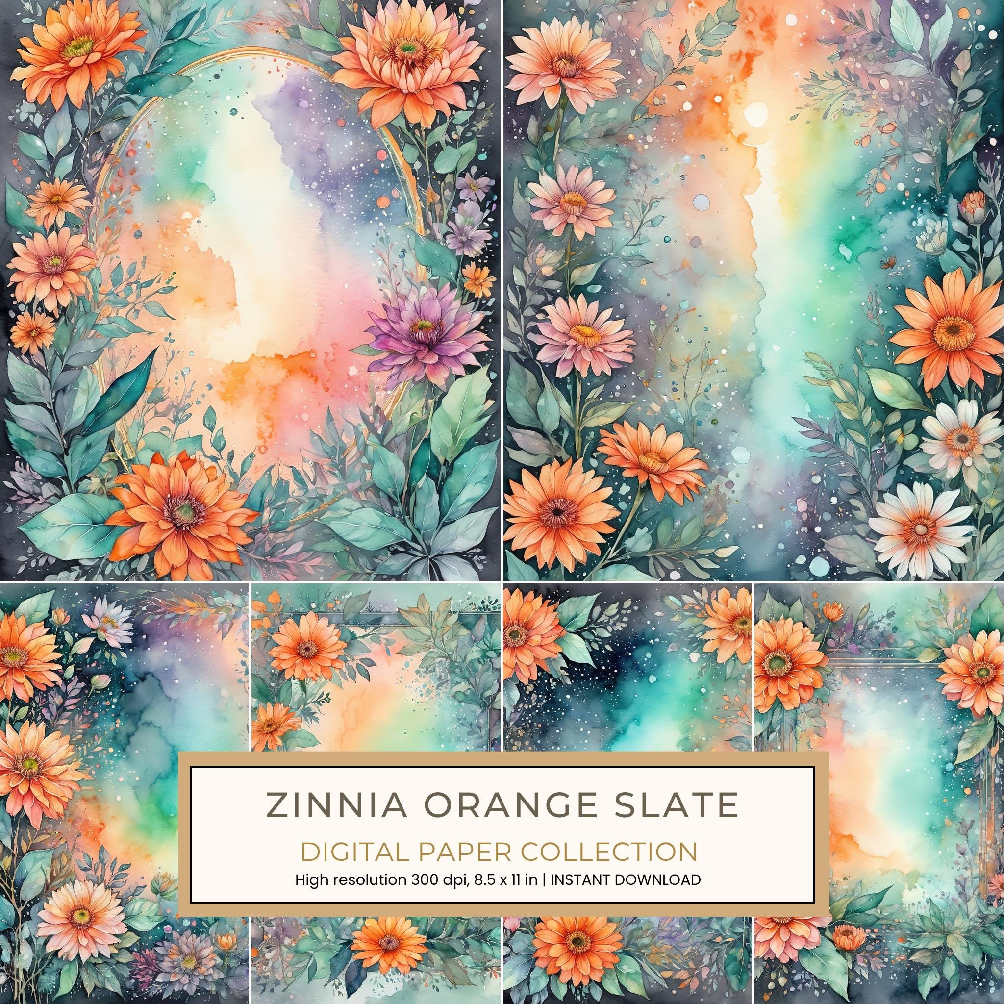 Zinnia Orange Slate Digital Paper: 14 Printable Pages - Watercolor Scrapbook Paper - Commercial Use