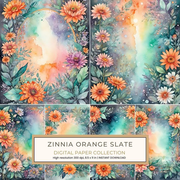 Zinnia Orange Slate Digital Paper: 14 Printable Pages - Watercolor Scrapbook Paper - Commercial Use