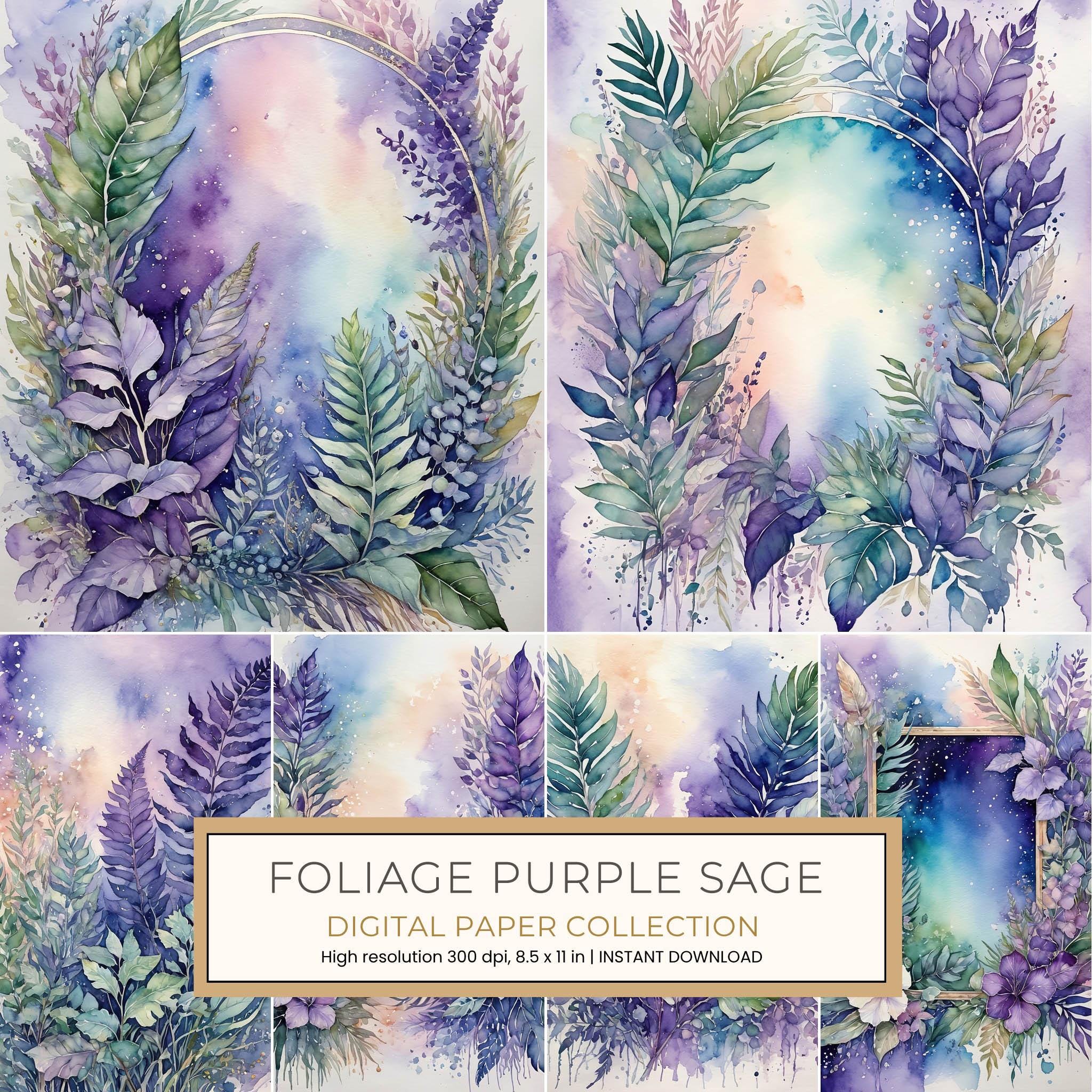 Foliage Sage Purple 12pc Digital Paper: 12 Printable Pages - Watercolor Scrapbook Paper - Commercial Use