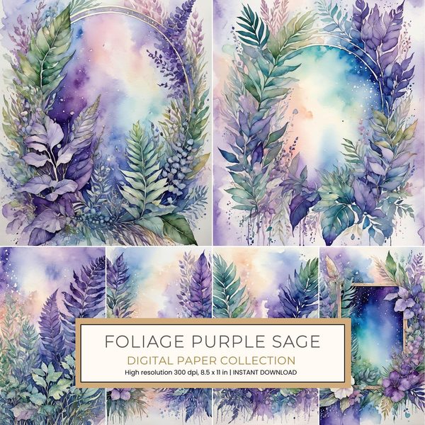 Foliage Sage Purple 12pc Digital Paper: 12 Printable Pages - Watercolor Scrapbook Paper - Commercial Use