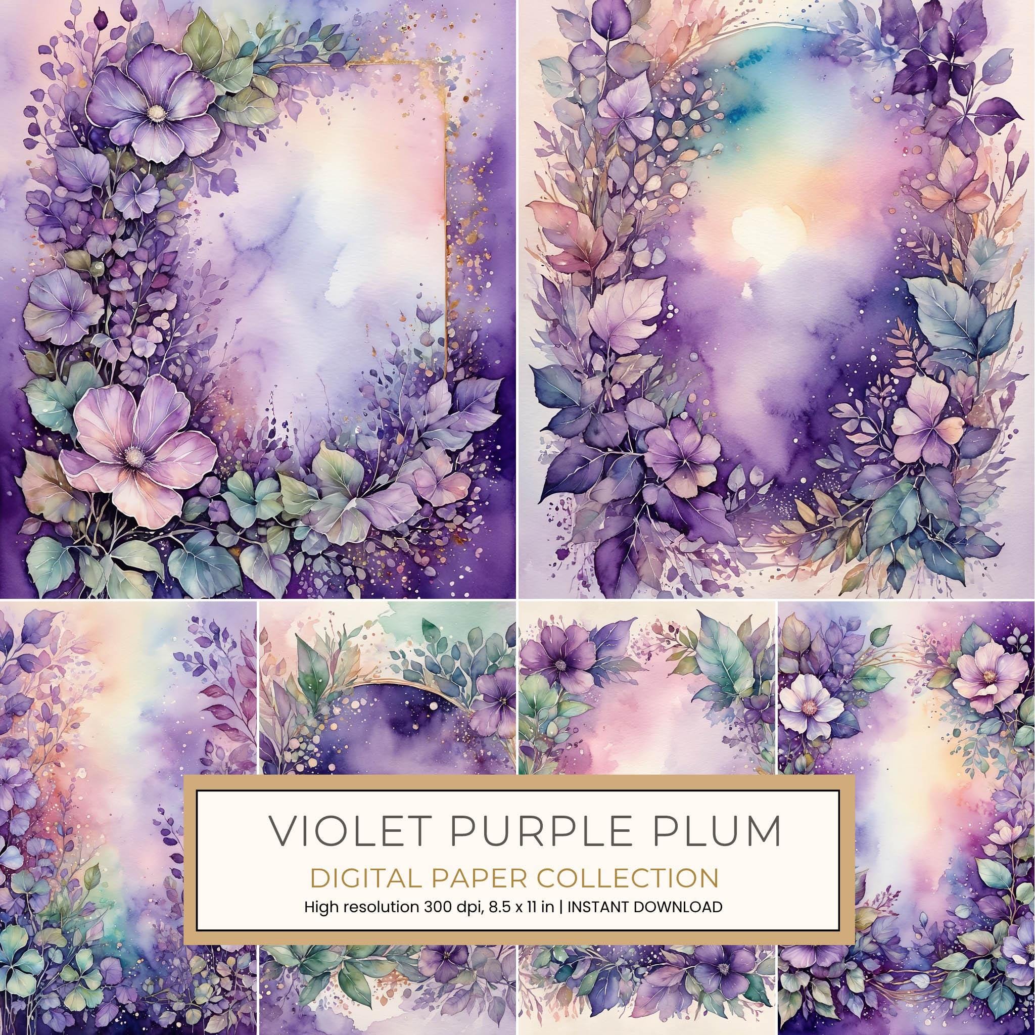 Violet purple plum 11pc Digital Paper: 11 Printable Pages - Watercolor Scrapbook Paper - Commercial Use