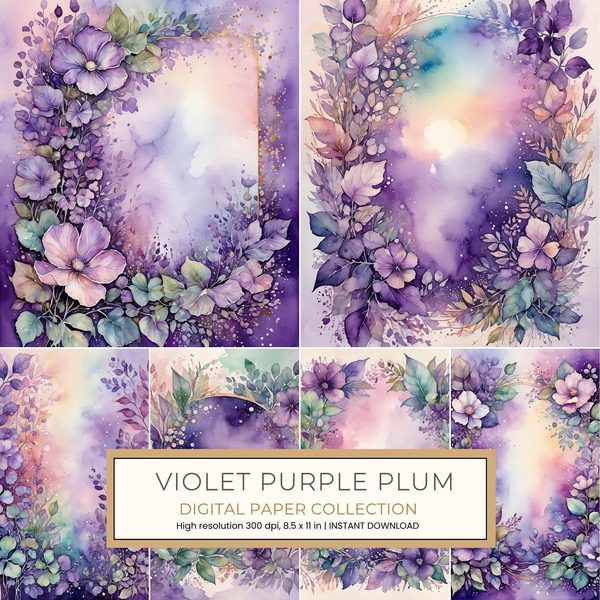 Violet purple plum 11pc Digital Paper: 11 Printable Pages - Watercolor Scrapbook Paper - Commercial Use