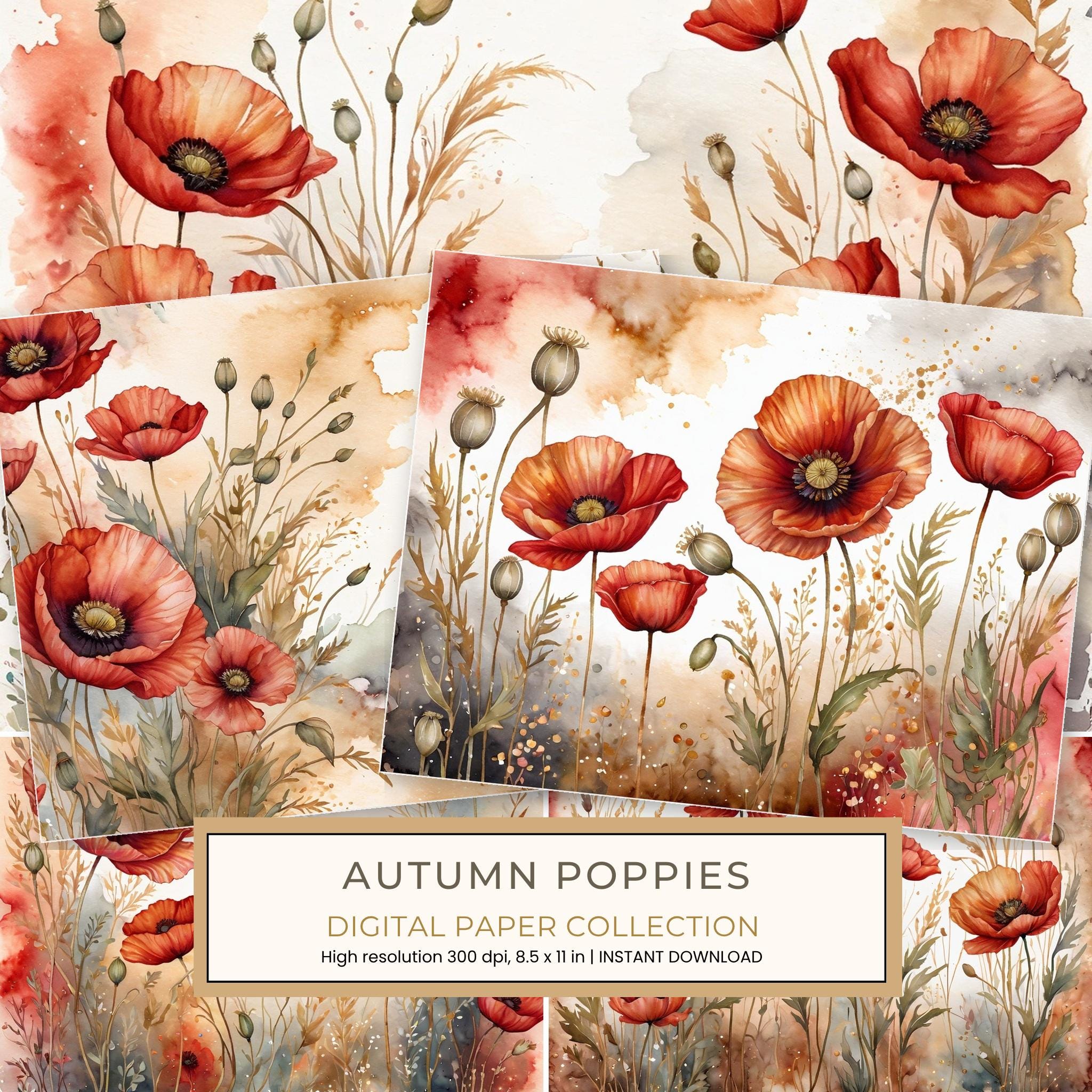 Autumn Poppies Digital Paper: 15 Watercolor Landscape Printable Pages - Scrapbook Paper - Commercial Use