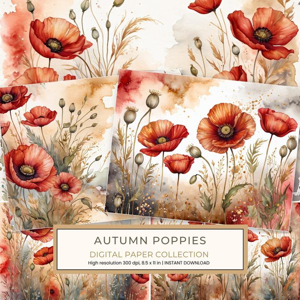 Autumn Poppies Digital Paper: 15 Watercolor Landscape Printable Pages - Scrapbook Paper - Commercial Use