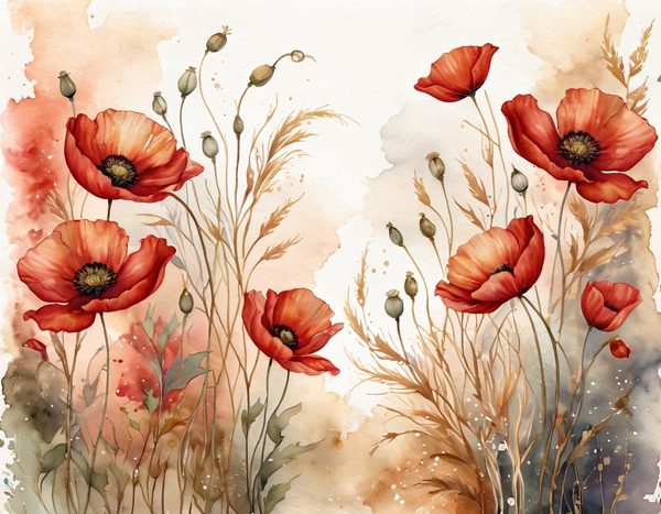 Autumn Poppies Digital Paper: 15 Watercolor Landscape Printable Pages - Scrapbook Paper - Commercial Use — image 1