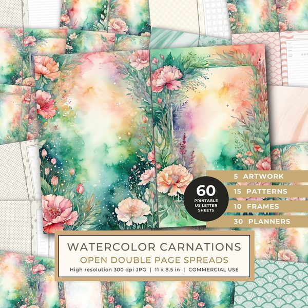 Junk Journal Spreads: 60 Open Book Pages - Watercolor Carnations - Collage Paper, Commercial Use