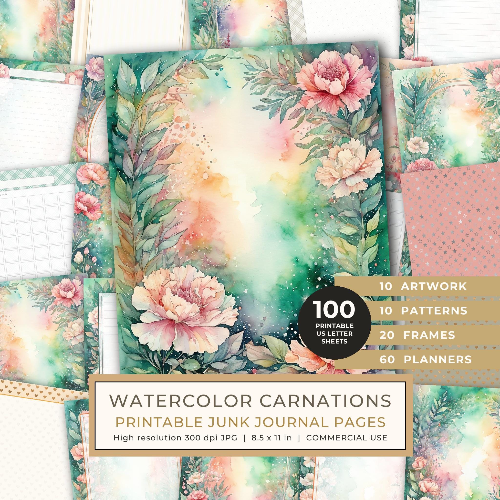Junk Journal Kit: 100 Printable Pages - Watercolor Carnations - Collage Paper, Commercial Use