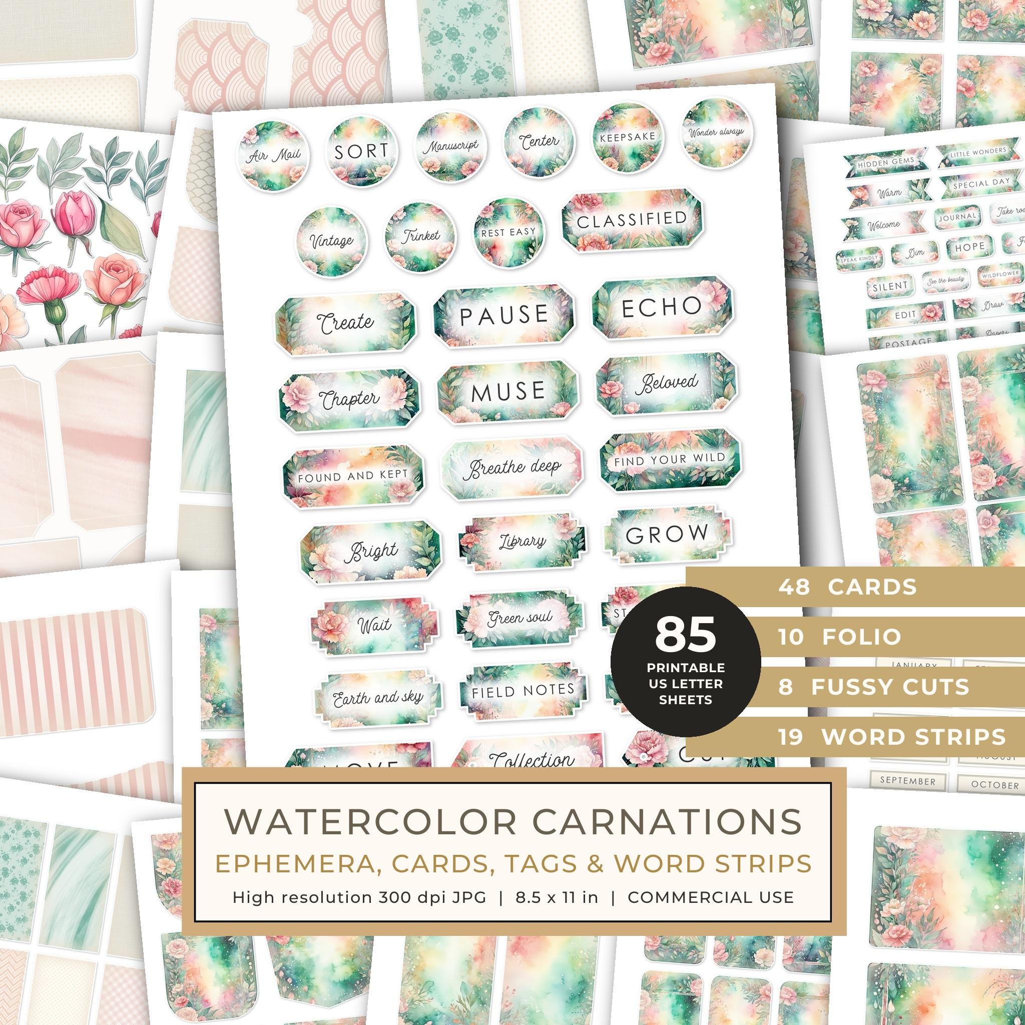 Junk Journal Ephemera Kit: 85 Printable Fussy Cut Sheets - Watercolor Carnations - Commercial Use