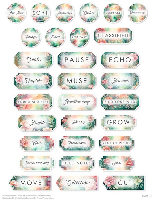 Junk Journal Ephemera Kit: 85 Printable Fussy Cut Sheets - Watercolor Carnations - Commercial Use — image 61