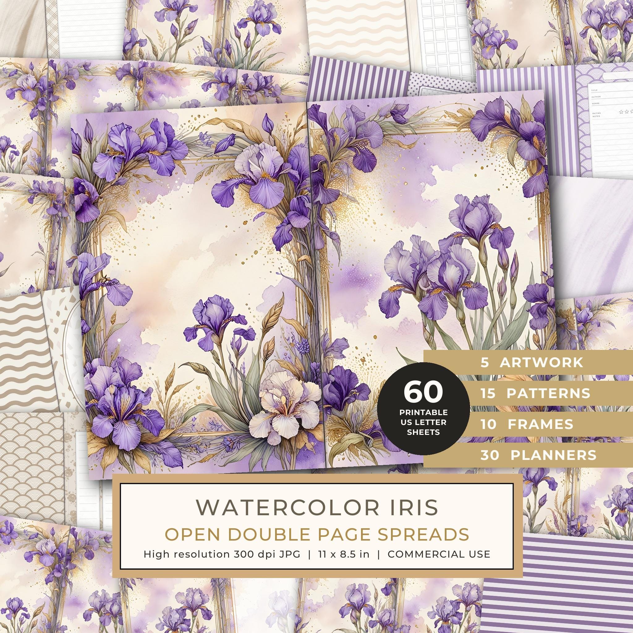 Journal Spreads: 60 Open Book Planner Pages - Watercolor Iris - Commercial Use