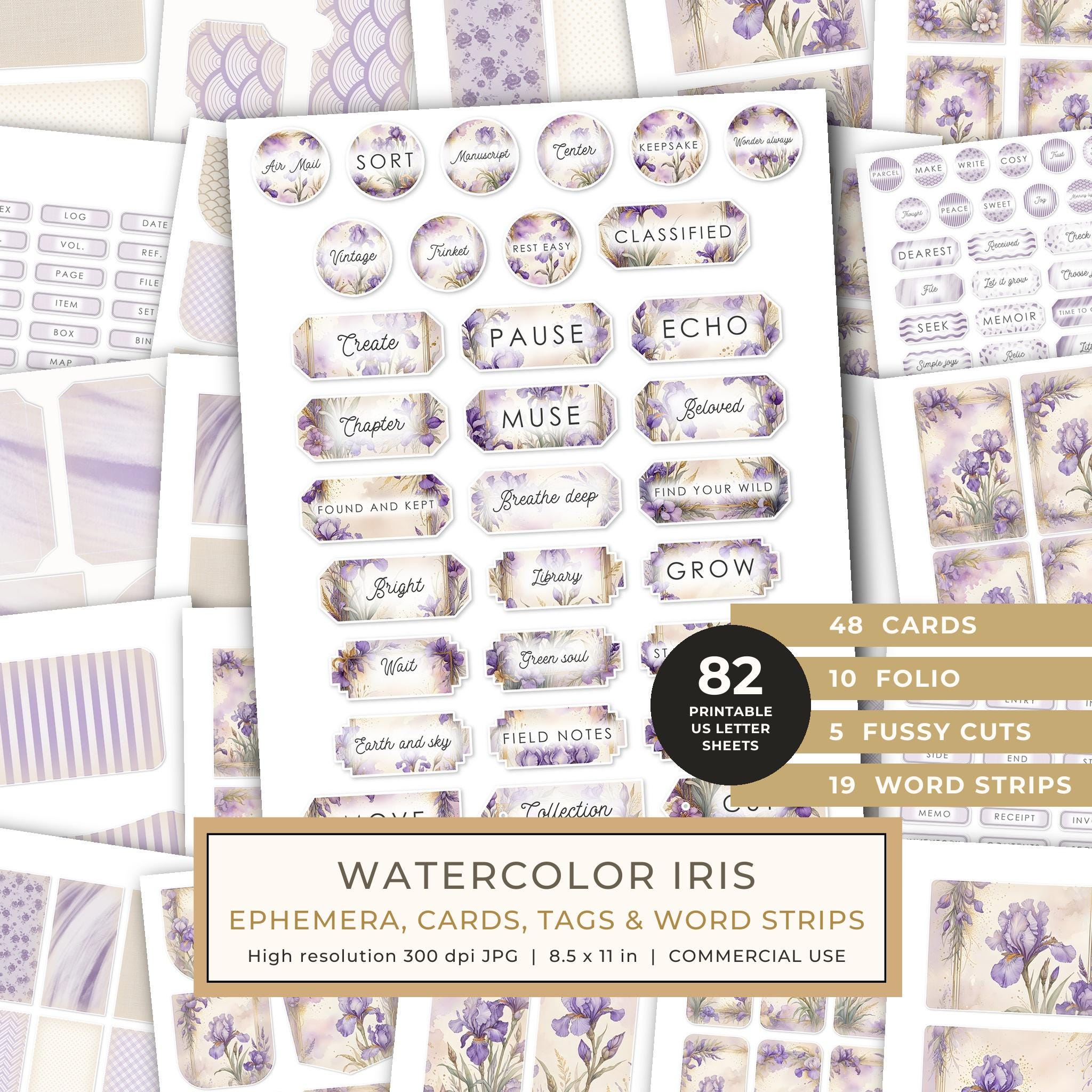 Ephemera Kit: 82 Printable Cards, Tags and Word Strips - Watercolor Iris - Commercial Use