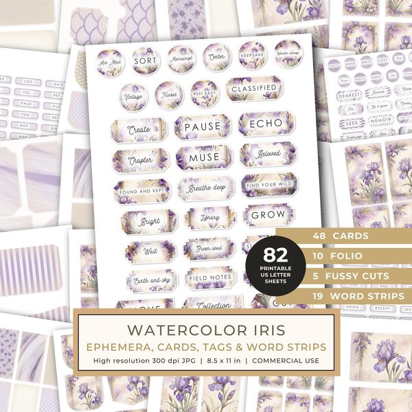 Ephemera Kit: 82 Printable Cards, Tags and Word Strips - Watercolor Iris - Commercial Use