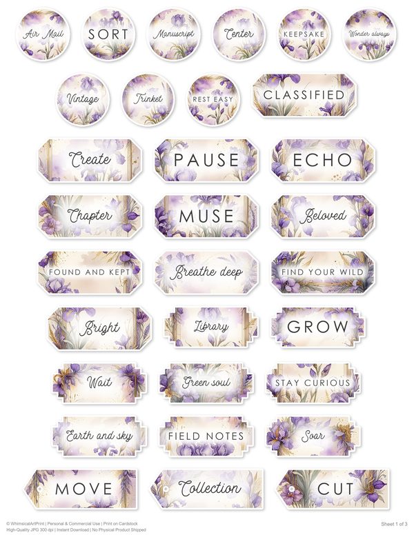 Ephemera Kit: 82 Printable Cards, Tags and Word Strips - Watercolor Iris - Commercial Use — image 58