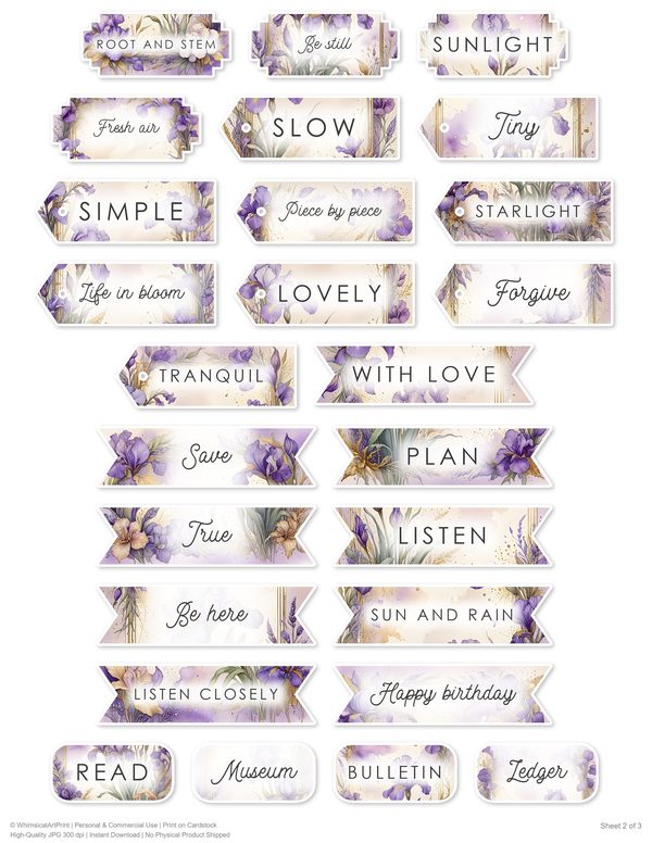 Ephemera Kit: 82 Printable Cards, Tags and Word Strips - Watercolor Iris - Commercial Use — image 59