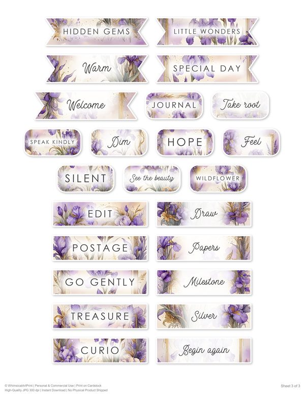 Ephemera Kit: 82 Printable Cards, Tags and Word Strips - Watercolor Iris - Commercial Use — image 60