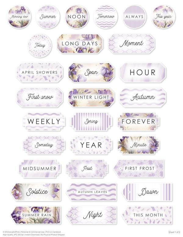 Ephemera Kit: 82 Printable Cards, Tags and Word Strips - Watercolor Iris - Commercial Use — image 71