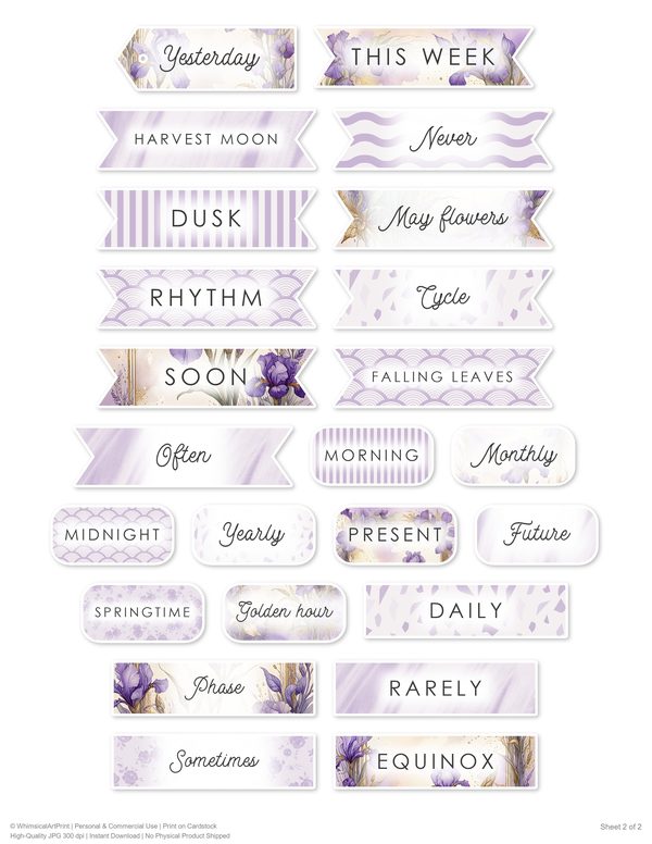 Ephemera Kit: 82 Printable Cards, Tags and Word Strips - Watercolor Iris - Commercial Use — image 72