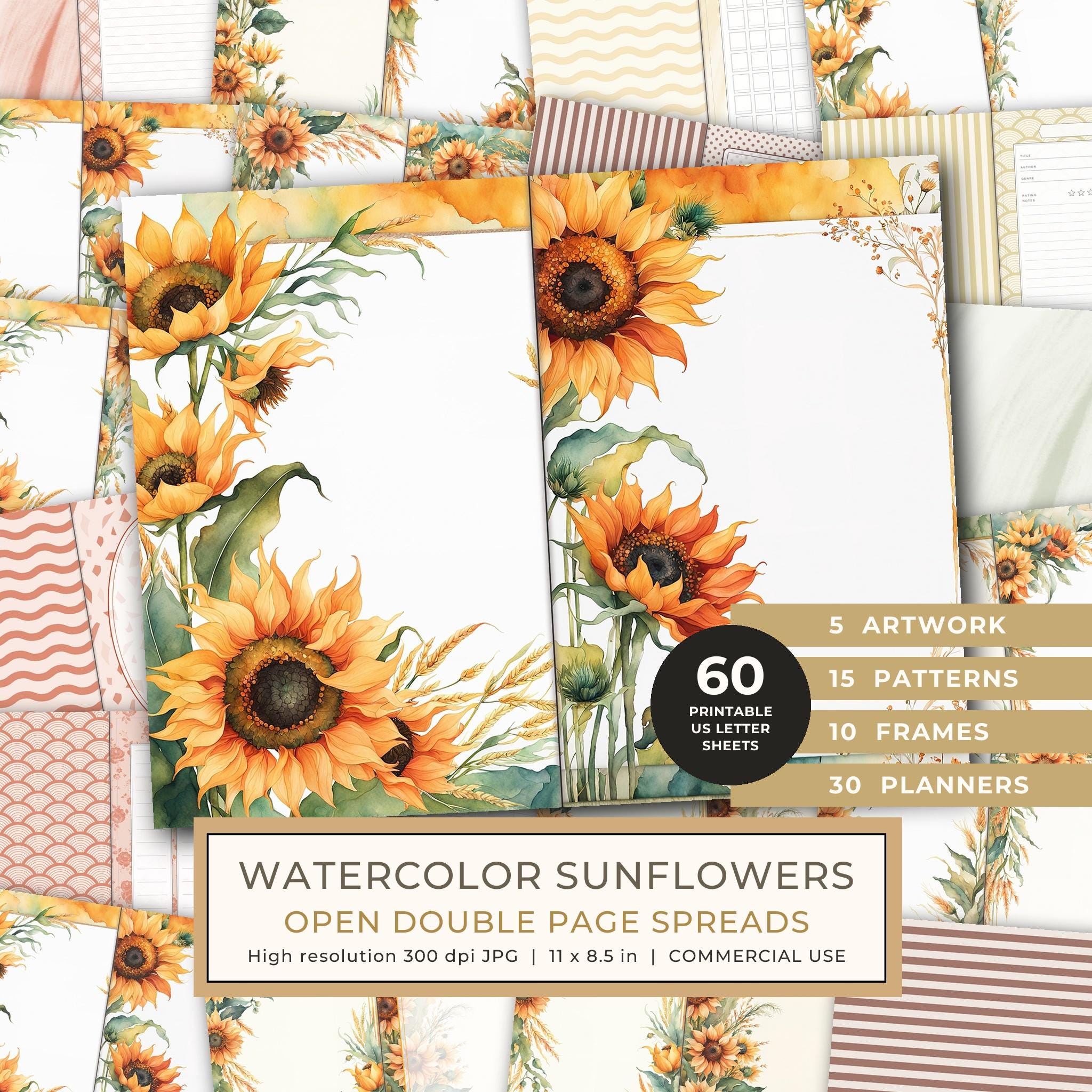 Journal Spreads: 60 Open Book Planner Pages - Watercolor Sunflowers - Commercial Use