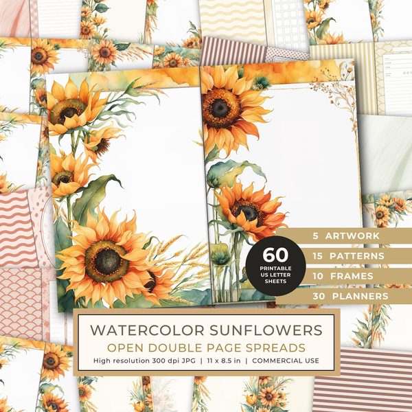 Journal Spreads: 60 Open Book Planner Pages - Watercolor Sunflowers - Commercial Use