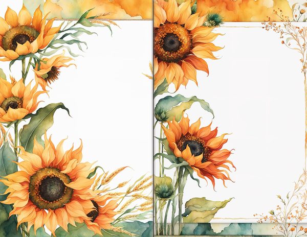 Journal Spreads: 60 Open Book Planner Pages - Watercolor Sunflowers - Commercial Use — image 5