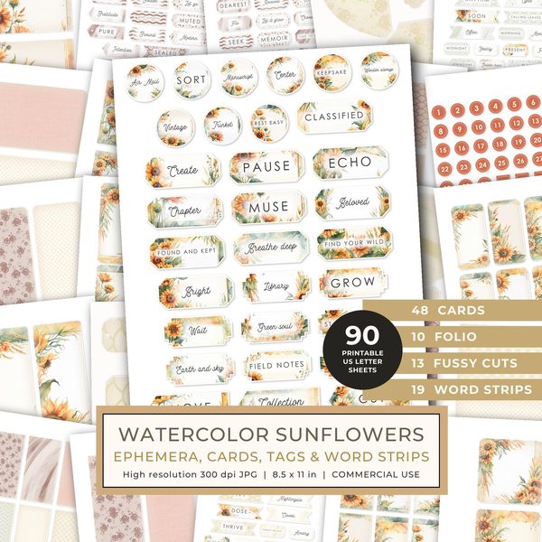 Ephemera Kit: 90 Printable Cards, Tags and Word Strips - Watercolor Sunflowers - Commercial Use