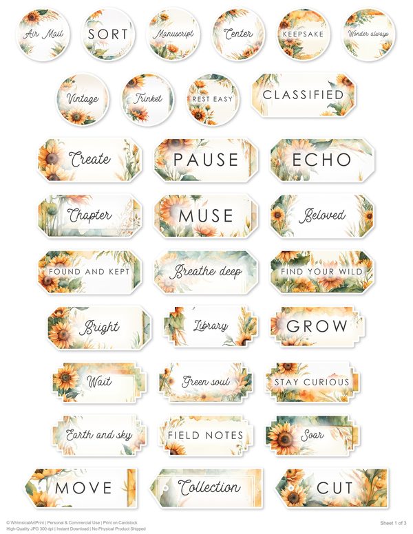 Ephemera Kit: 90 Printable Cards, Tags and Word Strips - Watercolor Sunflowers - Commercial Use — image 66