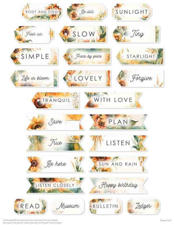 Ephemera Kit: 90 Printable Cards, Tags and Word Strips - Watercolor Sunflowers - Commercial Use — image 67