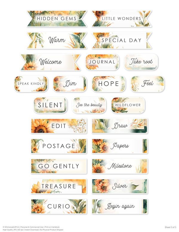 Ephemera Kit: 90 Printable Cards, Tags and Word Strips - Watercolor Sunflowers - Commercial Use — image 68