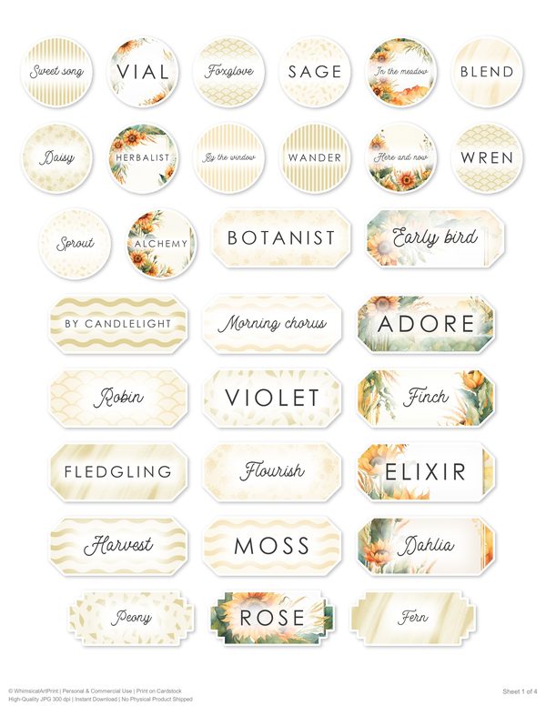 Ephemera Kit: 90 Printable Cards, Tags and Word Strips - Watercolor Sunflowers - Commercial Use — image 75