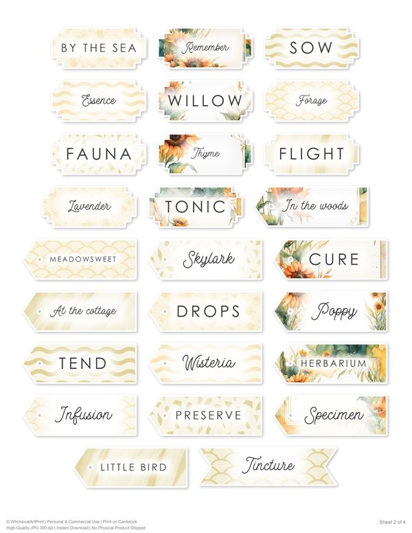 Ephemera Kit: 90 Printable Cards, Tags and Word Strips - Watercolor Sunflowers - Commercial Use — image 76
