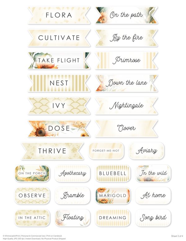 Ephemera Kit: 90 Printable Cards, Tags and Word Strips - Watercolor Sunflowers - Commercial Use — image 77