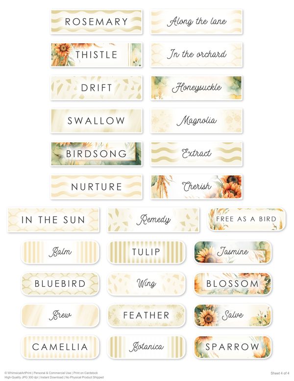 Ephemera Kit: 90 Printable Cards, Tags and Word Strips - Watercolor Sunflowers - Commercial Use — image 78