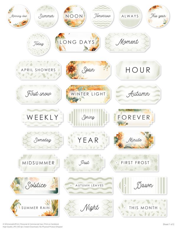 Ephemera Kit: 90 Printable Cards, Tags and Word Strips - Watercolor Sunflowers - Commercial Use — image 79