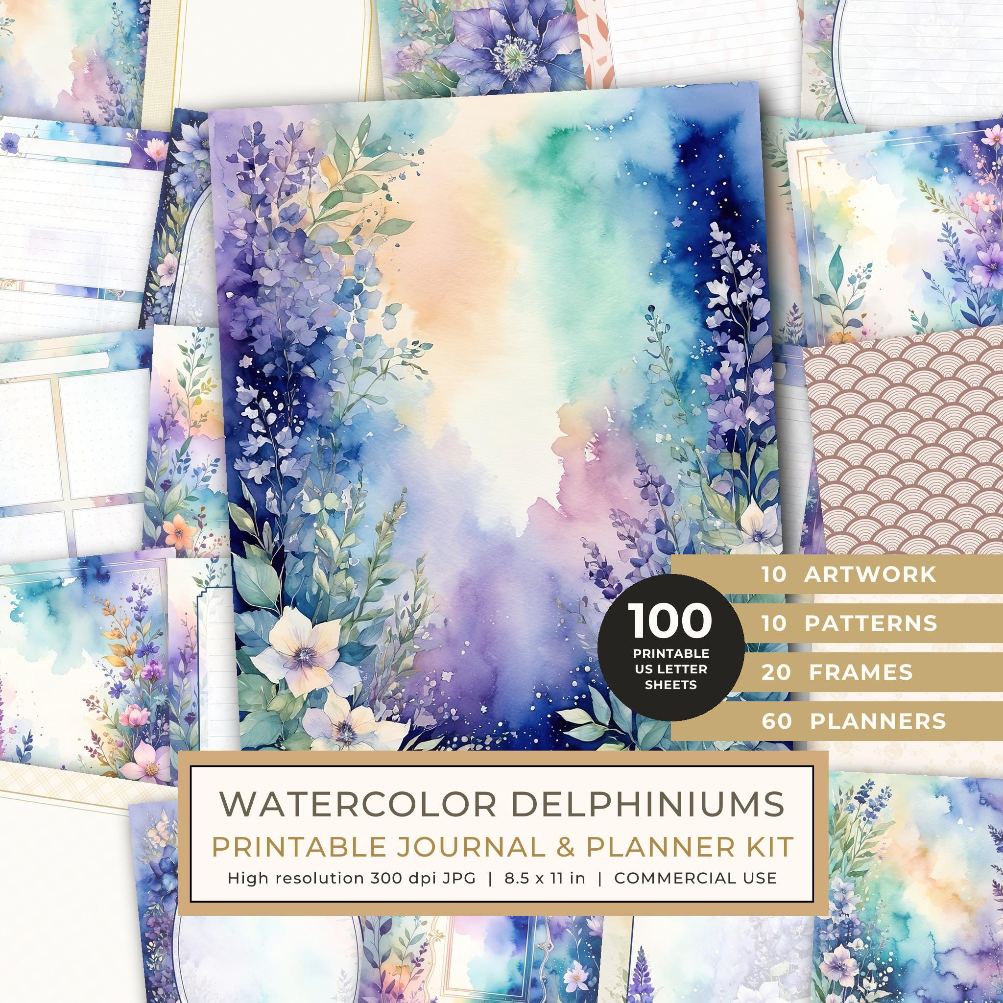 Art Journal and Planner Kit: 102 Printable Pages - Watercolor Delphiniums - Commercial Use