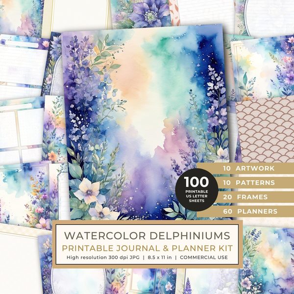 Art Journal and Planner Kit: 102 Printable Pages - Watercolor Delphiniums - Commercial Use
