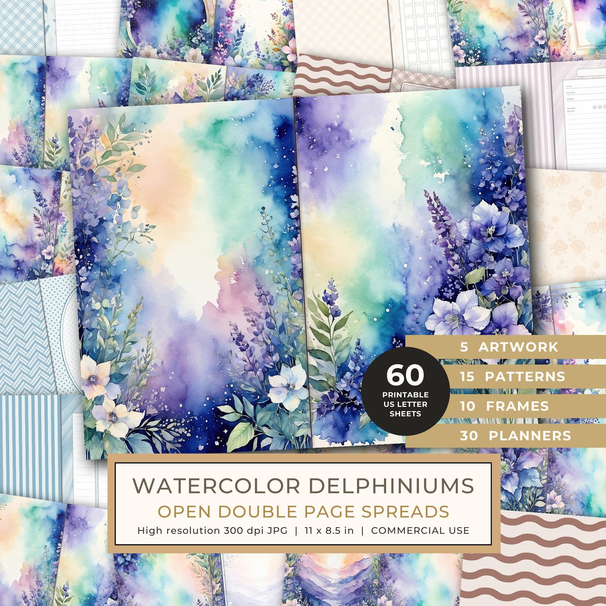 Journal Spreads: 60 Open Book Planner Pages - Watercolor Delphiniums - Commercial Use