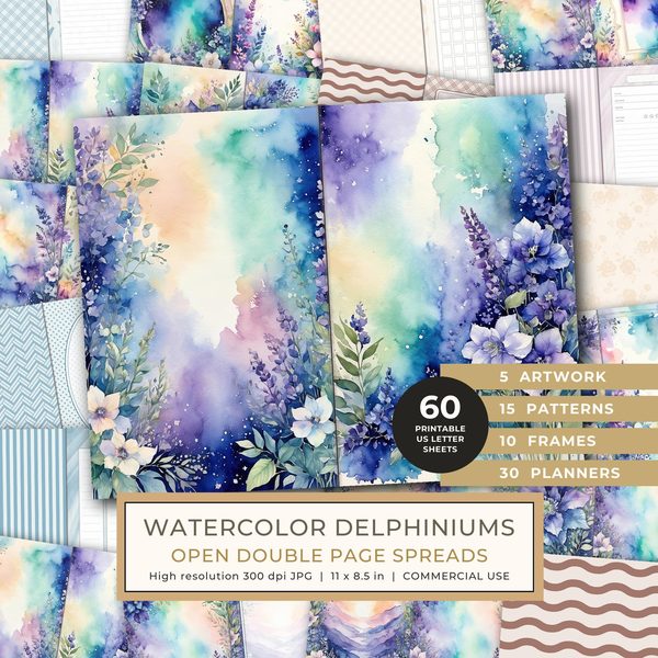 Journal Spreads: 60 Open Book Planner Pages - Watercolor Delphiniums - Commercial Use