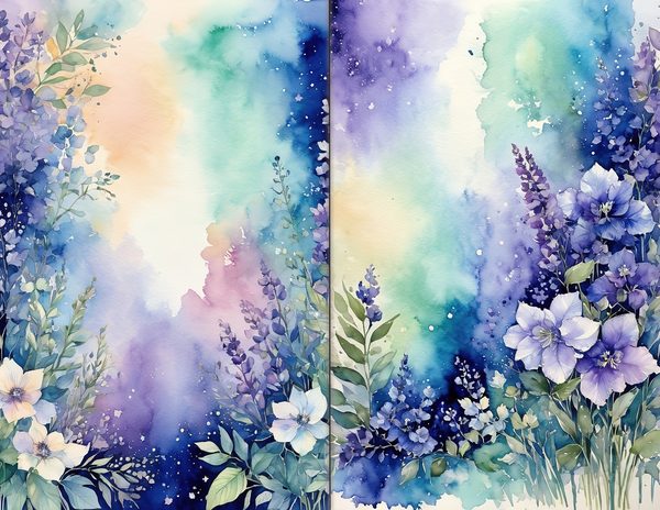 Journal Spreads: 60 Open Book Planner Pages - Watercolor Delphiniums - Commercial Use — image 1