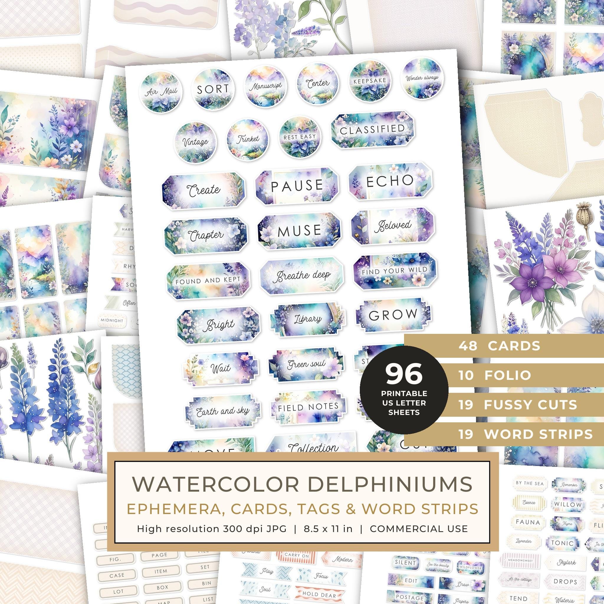 Ephemera Kit: 96 Printable Cards, Tags and Word Strips - Watercolor Delphiniums - Commercial Use