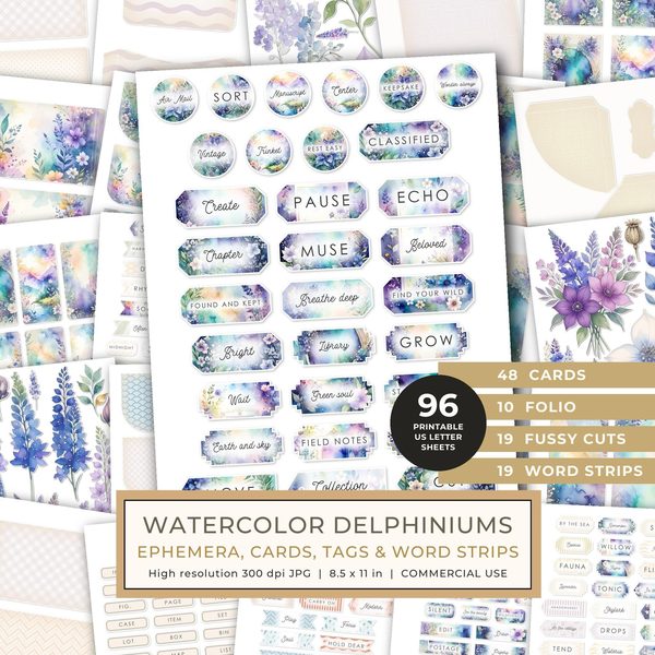 Ephemera Kit: 96 Printable Cards, Tags and Word Strips - Watercolor Delphiniums - Commercial Use