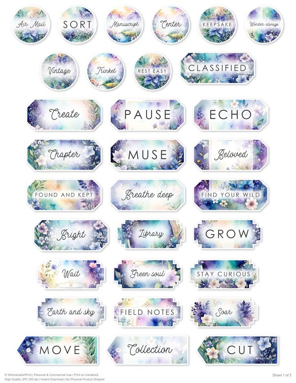 Ephemera Kit: 96 Printable Cards, Tags and Word Strips - Watercolor Delphiniums - Commercial Use — image 72