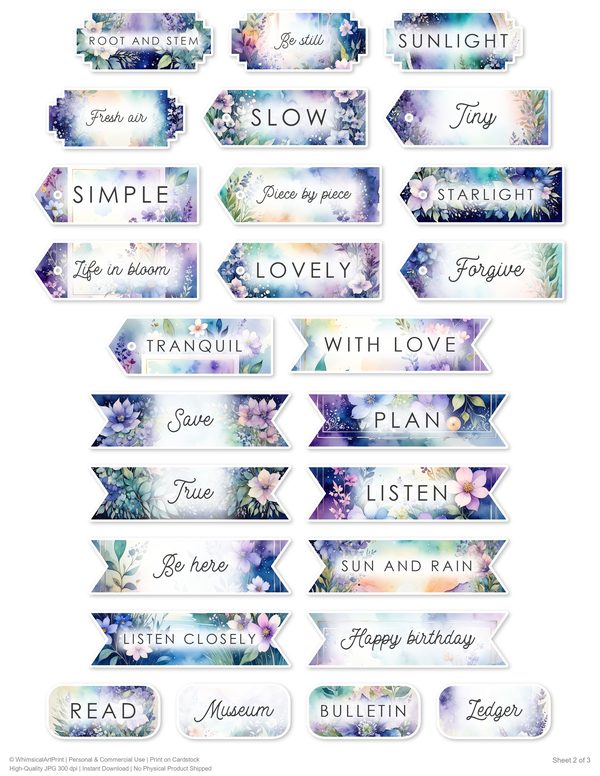 Ephemera Kit: 96 Printable Cards, Tags and Word Strips - Watercolor Delphiniums - Commercial Use — image 73
