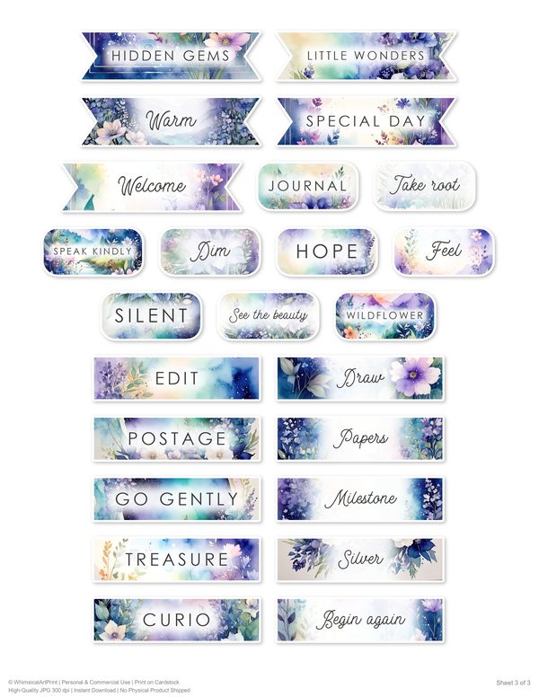 Ephemera Kit: 96 Printable Cards, Tags and Word Strips - Watercolor Delphiniums - Commercial Use — image 74
