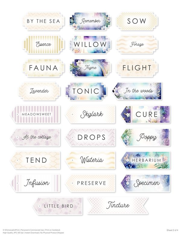 Ephemera Kit: 96 Printable Cards, Tags and Word Strips - Watercolor Delphiniums - Commercial Use — image 82