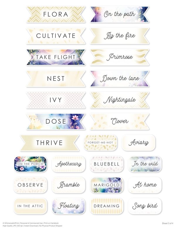 Ephemera Kit: 96 Printable Cards, Tags and Word Strips - Watercolor Delphiniums - Commercial Use — image 83