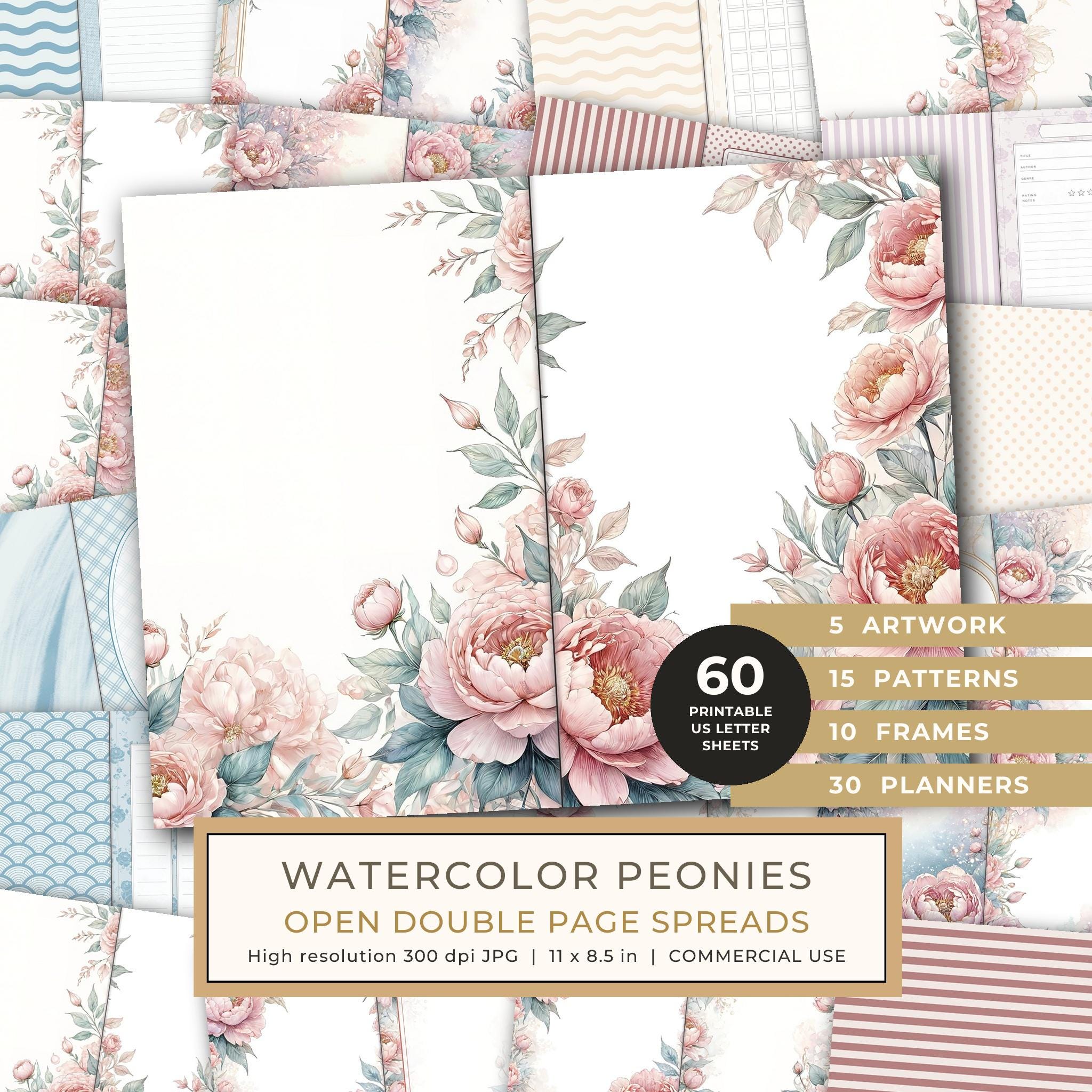 Journal Spreads: 60 Open Book Planner Pages - Watercolor Peonies - Commercial Use