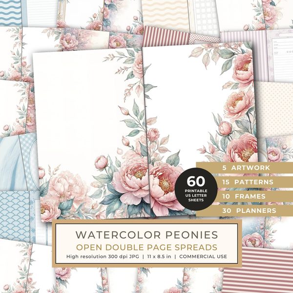 Journal Spreads: 60 Open Book Planner Pages - Watercolor Peonies - Commercial Use