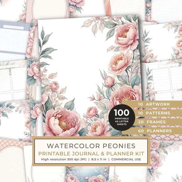 Art Journal and Planner Kit: 103 Printable Pages - Watercolor Peonies - Commercial Use